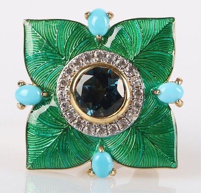 1.5CT LONDON BLUE TOPAZ ENAMELED STERLING RING. 1.5ct London blue topaz sterling silver green