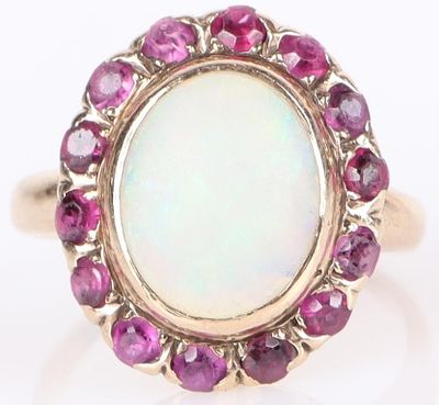 OPAL & RUBY 10K YELLOW GOLD LADIES RING. Opal and ruby 10k yellow gold ladies ring with one