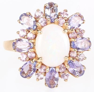 10K YELLOW GOLD TANZANITE OPAL LADIES RING. 10k yellow gold tanzanite opal ladies ring with