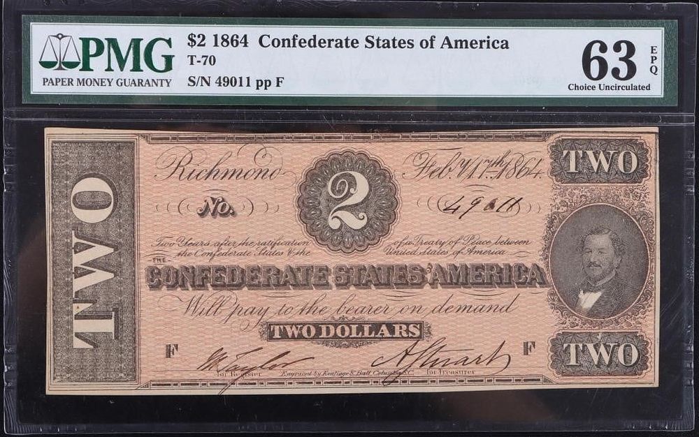 Lot 210247: 1864 T-70 $2 CONFEDERATE OBSOLETE BANKNOTE PMG 63