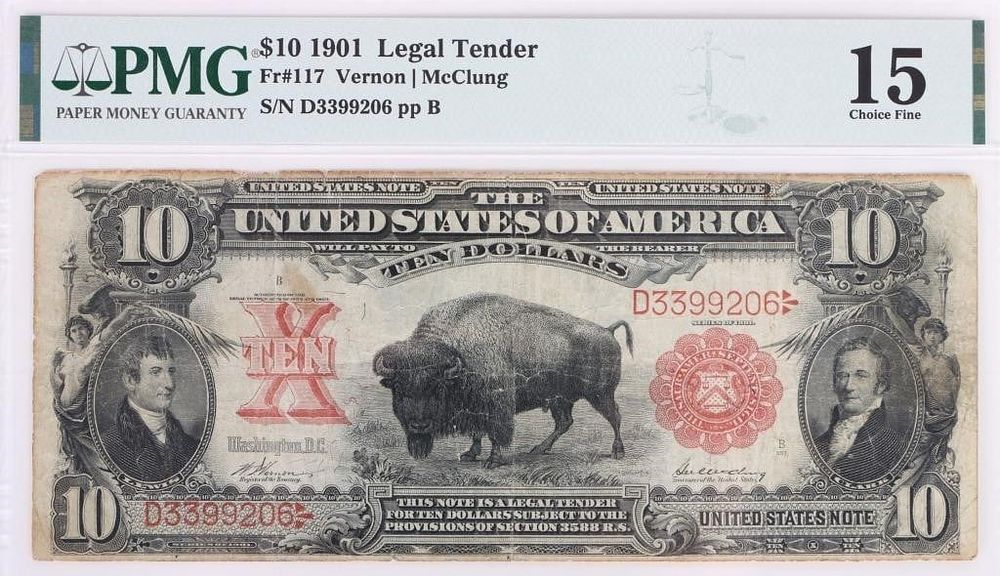 Lot 210248: 1901 $10 FR#117 "BISON" VERNON/MCCLURE PMG 15