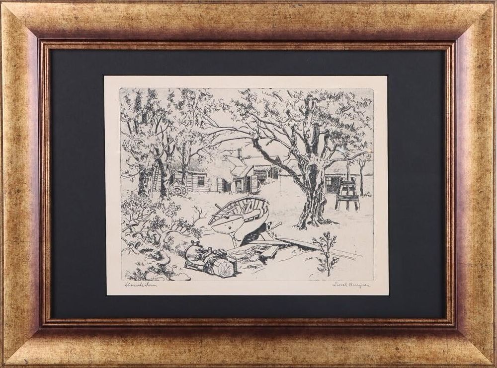 Lot 210312: LIONEL BARRYMORE SHORESIDE FARM ETCHING FRAMED