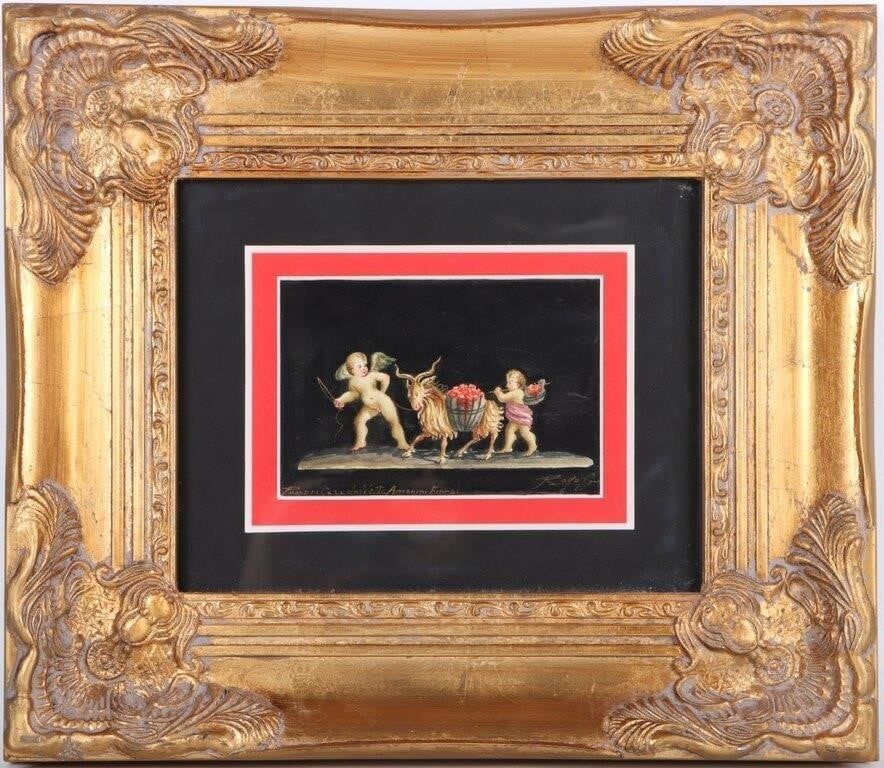 Lot 210322: RAGO GIOVANNI  CHERUBS WITH GOAT PAINTING FRAMED