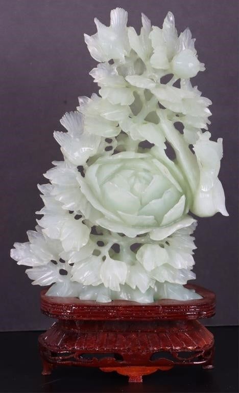 Lot 210400: BEAUTIFUL HAND CARVED JADE ROSE STATUE