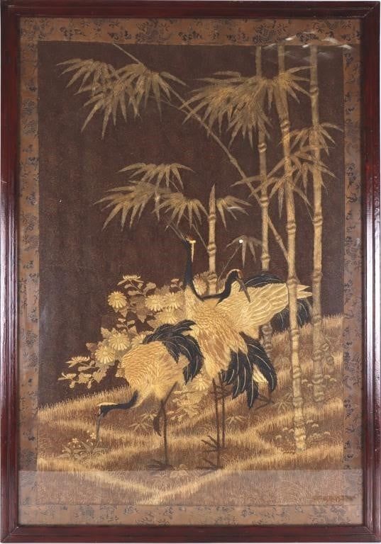 Lot 210405: MEIJI PERIOD JAPANESE SILK CRANE TAPESTRY 56 X 38"