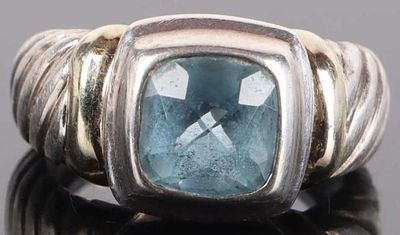DAVID YURMAN BLUE TOPAZ STERLING & 14K GOLD RING. David Yurman designer blue topaz sterling 