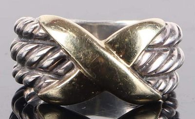 DAVID YURMAN STERLING & 14K GOLD "X" RING. David Yurman sterling silver and 14k yellow 