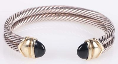 DAVID YURMAN 925 & 14K ONYX DOUBLE CABLE BRACELET. David Yurman Sterling silver &amp; 14K yellow 