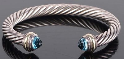 DAVID YURMAN 0.925 & 14K TOPAZ CABLE CUFF BRACELET. David Yurman Sterling silver &amp; 14K 