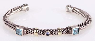 DAVID YURMAN 0.925 & 14K TOPAZ CABLE CUFF BRACELET. David Yurman Sterling silver &amp; 14K 