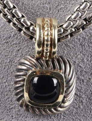 DAVID YURMAN STERLING & 14K GOLD ONYX NECKLACE. David Yurman sterling silver and 14k yellow gold 