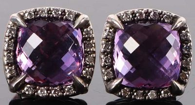 DAVID YURMAN SILVER AMETHYST & DIAMOND EARRINGS. David Yurman sterling silver Chatelaine 9mm 