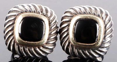 DAVID YURMAN STERLING & 14K GOLD ONYX EARRINGS. David Yurman sterling silver and 14k yellow gold 