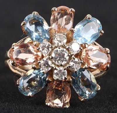 14K YELLOW GOLD DIAMOND TOPAZ AQUA LADIES RING. 14K yellow gold diamond topaz aqua ladies ring. 