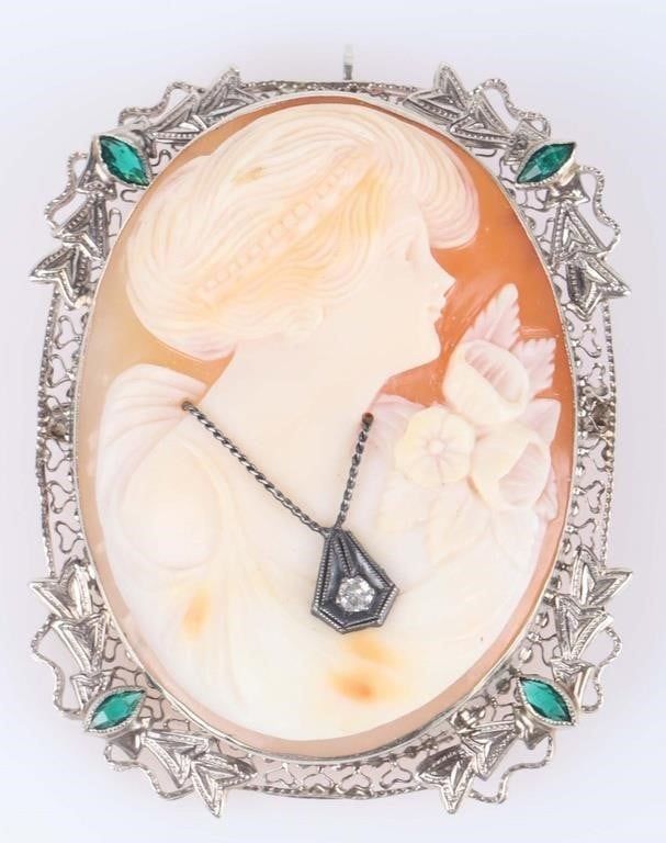 Lot 211157: 14K WHITE GOLD FILIGREE DIAMOND CAMEO BROOCH