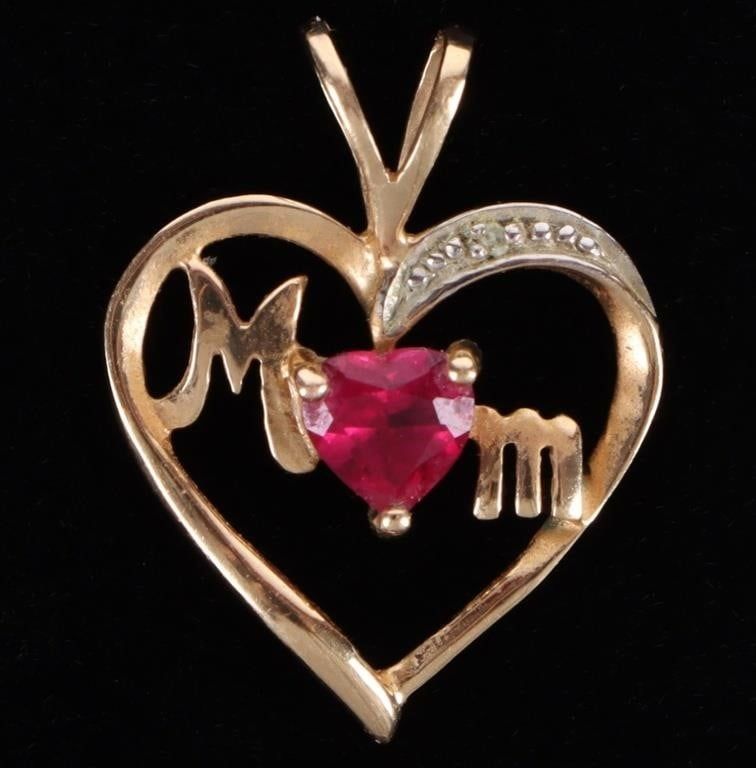 Lot 211161: 10K YELLOW GOLD RUBY HEART "MOM" PENDANT