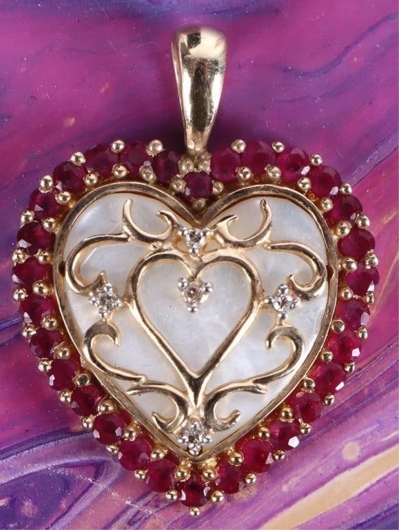 Lot 211162: 10K GOLD RUBY, DIAMOND & MOP LADIES HEART PENDANT