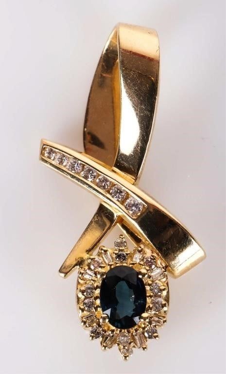 Lot 211166: 14K YELLOW GOLD SAPPHIRE DIAMOND RIBBON PENDANT