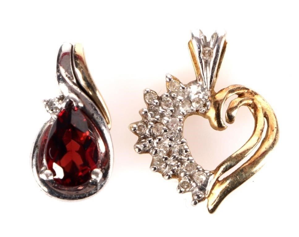 Lot 211171: 14K  DIAMOND HEART PENDANT & 14K GARNET PENDANT