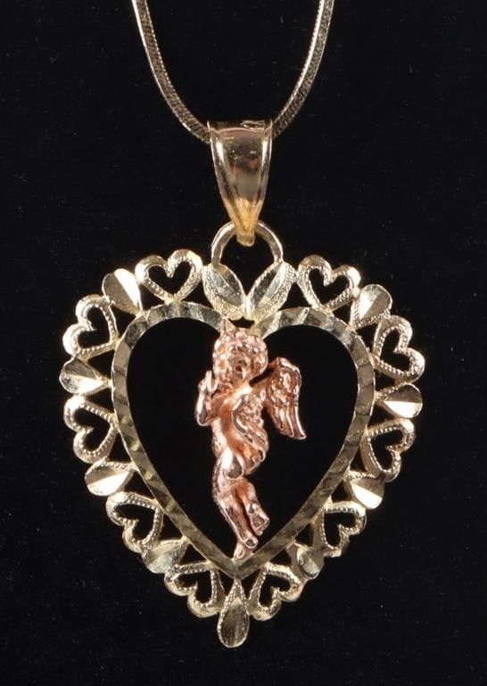 Lot 211187: 14K YELLOW & ROSE GOLD CHERUB PENDNAT & NECKLACE