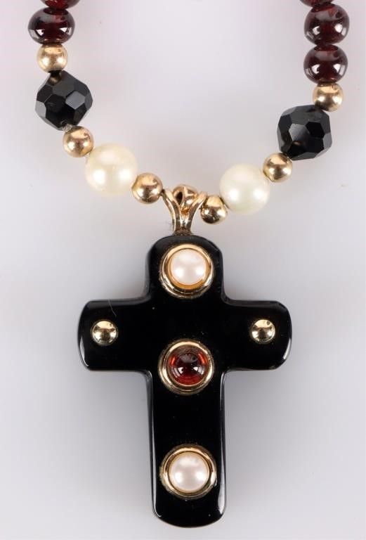 Lot 211193: 14K GOLD FILLED CROSS LADIES NECKLACE W/ PEARLS