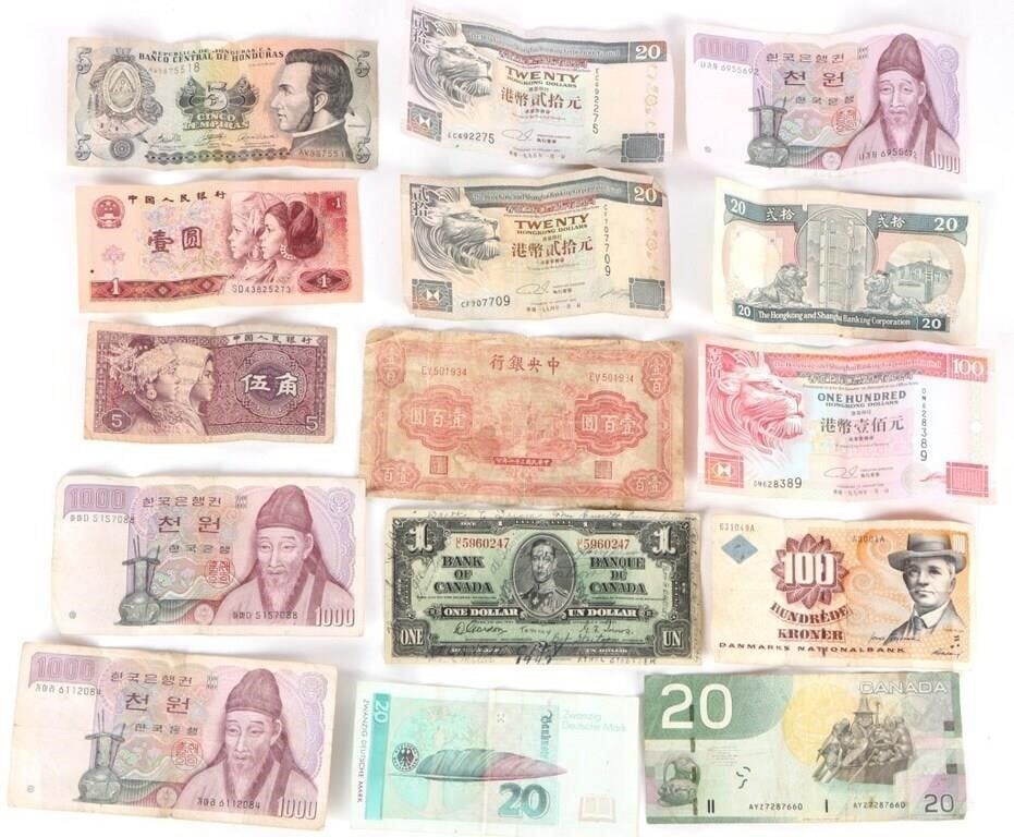 Lot 211202: VINTAGE ASSORTED FOREIGN BANKNOTES - (15)