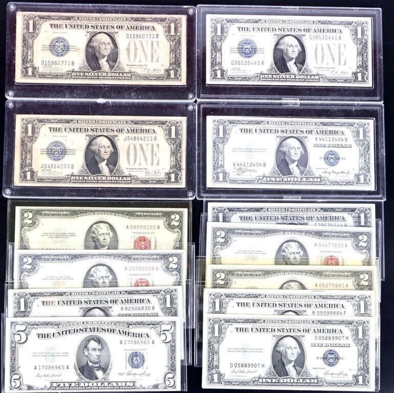Lot 211204: ASSORTED SILVER CERTIFICATES & $2 BILLS - (13)
