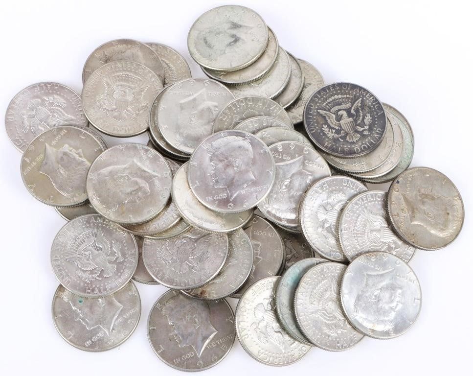 Lot 211214: ASSORTED 40% 1960'S KENNEDY HALF DOLLARS - (49)