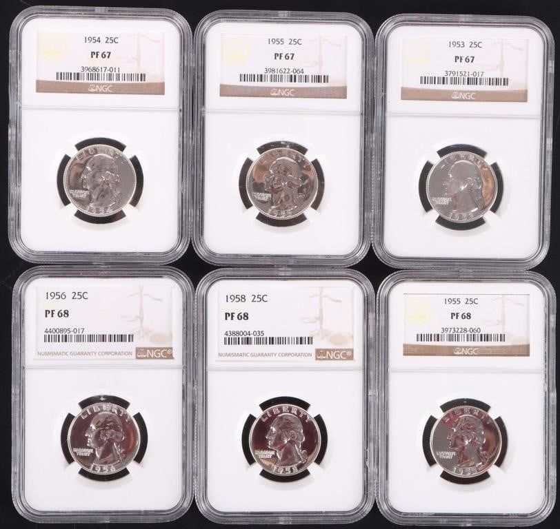 Lot 211215: 1953-1958 P WASHINGTON QUARTERS PF-67/68 NGC - (6)