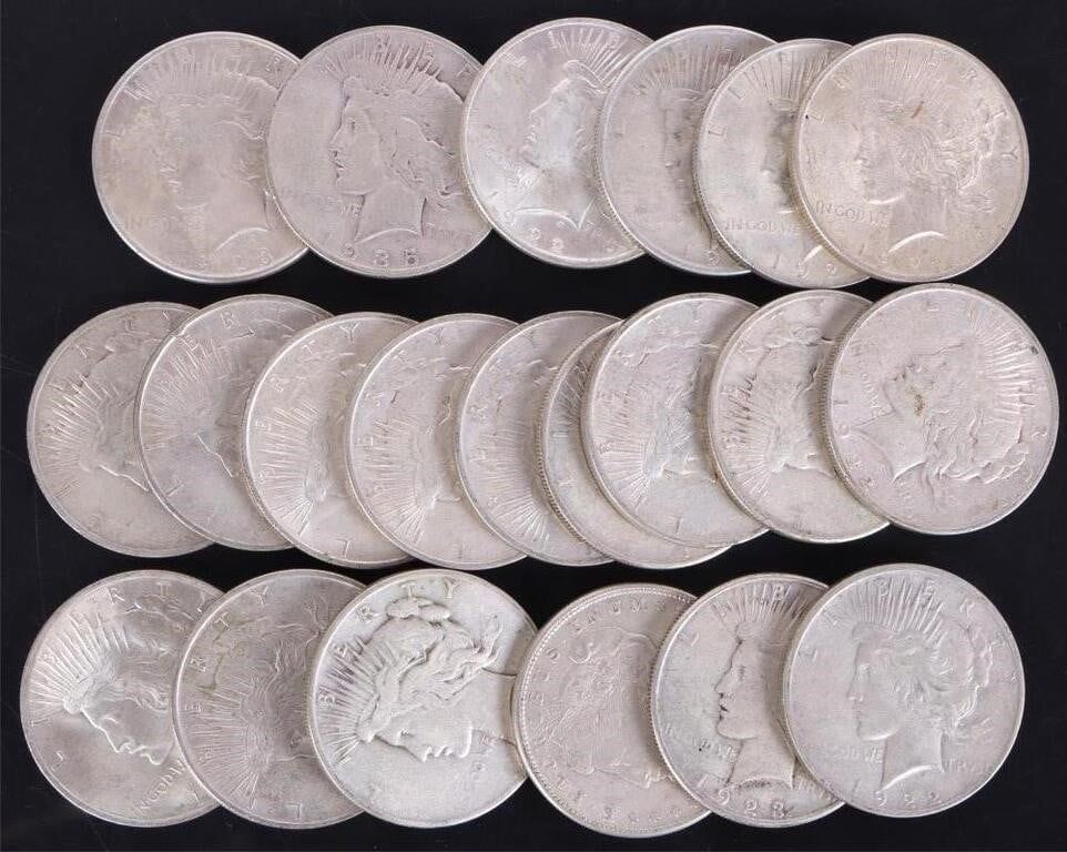 Lot 211229: ROLL OF 22 MORGAN/ PEACE 90% SILVER DOLLARS