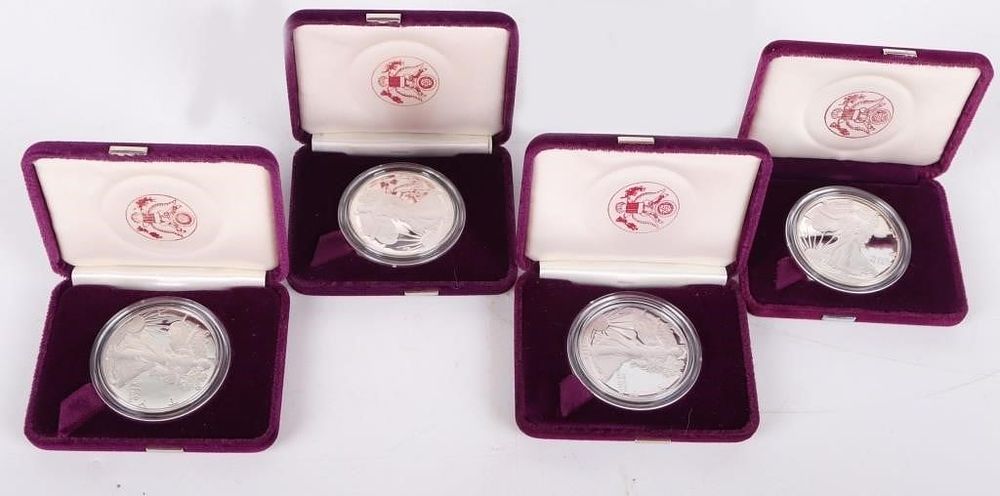 Lot 211241: FINE SILVER 1 OZT 1987-91 S PF AMERICAN EAGLES-(4)