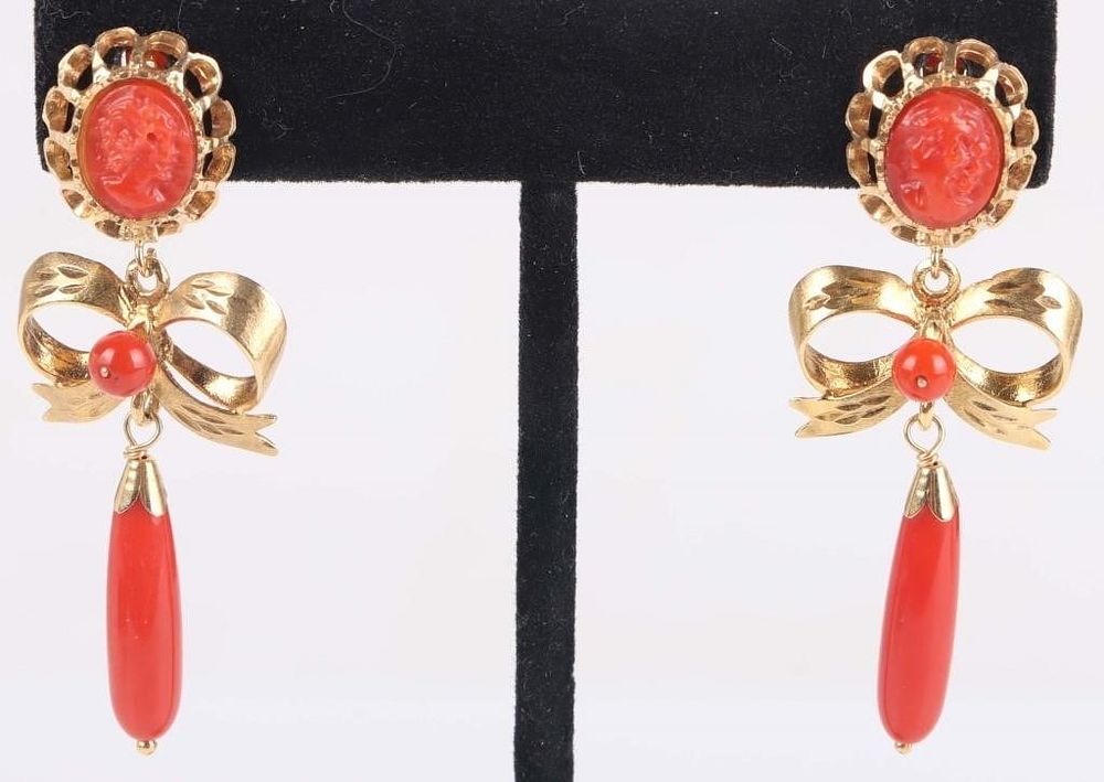 Lot 211266: 14K YELLOW GOLD CORAL BOW DROP EARRINGS