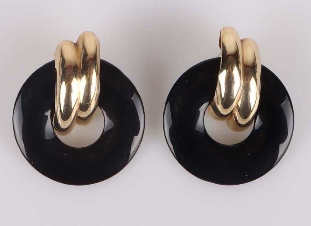 Lot 211269: 14K YELLOW GOLD BLACK ONYX HOOP LADIES EARRINGS