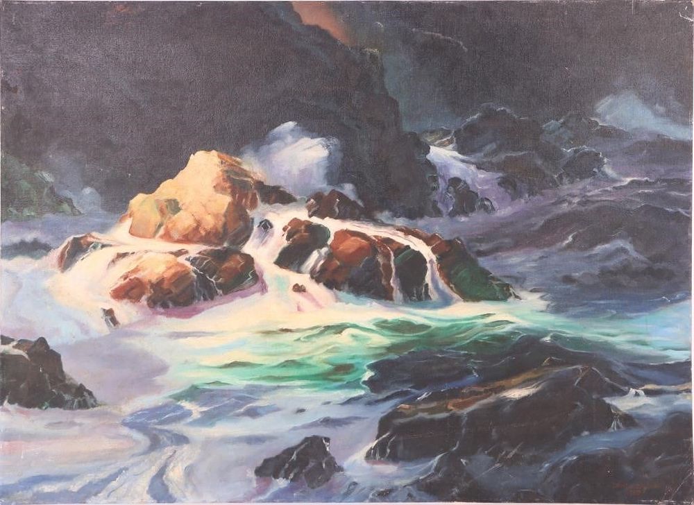 Lot 211357: DAVID MURLOUT 1967 OIL ON CANVAS SEA ON THE ROCKS