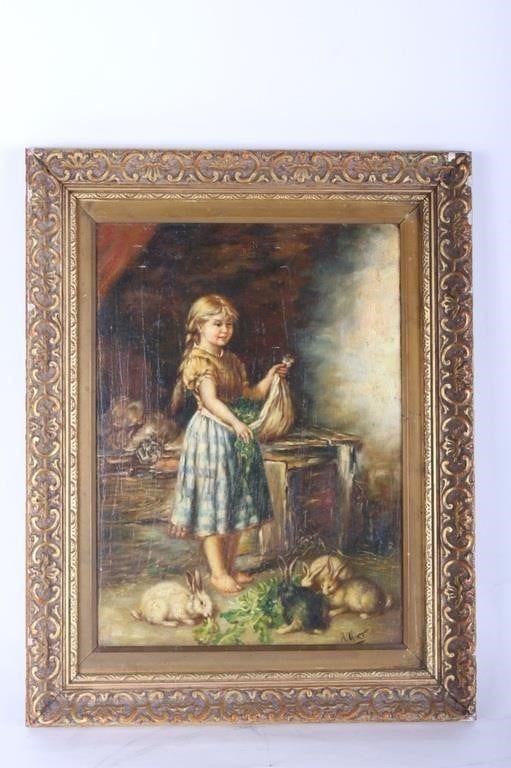 Lot 211362: HEINRICH HIRT OIL PAINTING ON BOARD GIRL W/ RABBIT