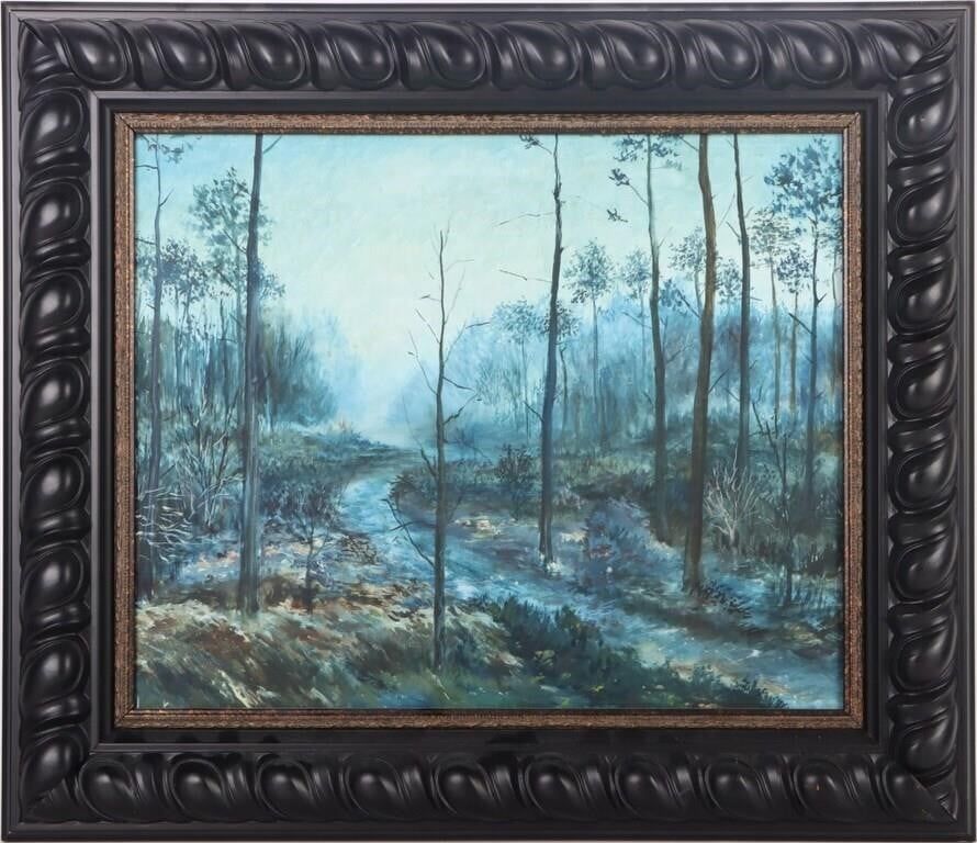 Lot 211375: OIL ON BOARD OF A DEEP BLUE AMERICAN FOREST FRAMED