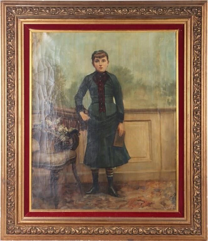 Lot 211376: 19TH C. OIL ON CANVAS PORTRAIT OF A YOUNG WOMAN