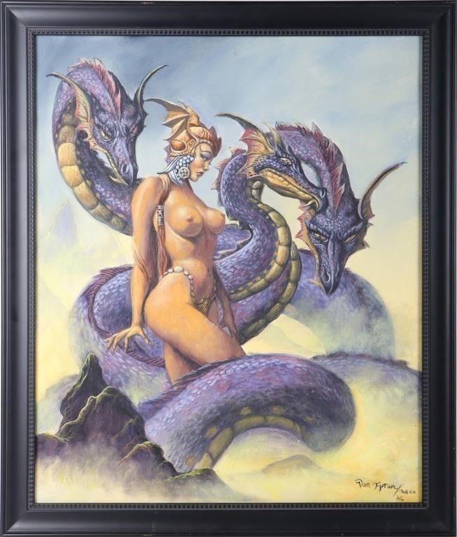 Lot 211378: VON TIPTON OIL ON CANVAS OF A NUDE WOMAN & DRAGONS