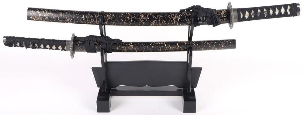 Lot 211399: SET OF 2 BLACK DECORATIVE KATANA SWORDS W/ BASE