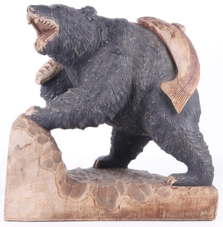 Lot 211421: HAND CARVED WOOD STATUE OF BEAR CARRYING SALMON