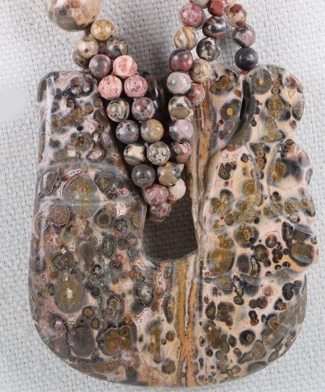 Lot 212179: LEOPARD SKIN JASPER CARVED BEADED STONE NECKLACE