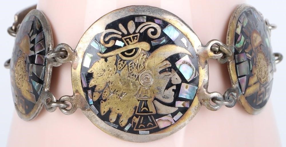 Lot 212230: MEXICAN STERLING MOSAIC AZTEC STYLE BRACELET