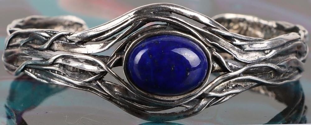 Lot 212235: STERLING  ISRAELI CABOCHON LAPIS CUFF BRACELET