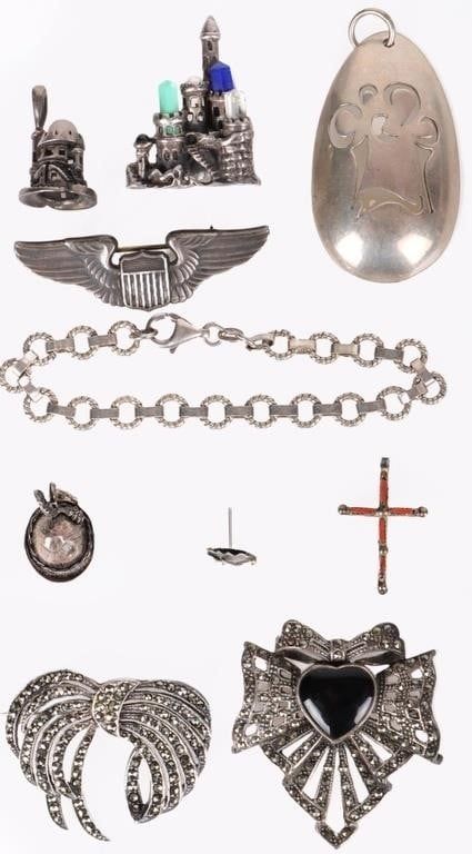 Lot 212323: STERLING SILVER PENDANTS BROOCH EARRINGS SAPPHIRES