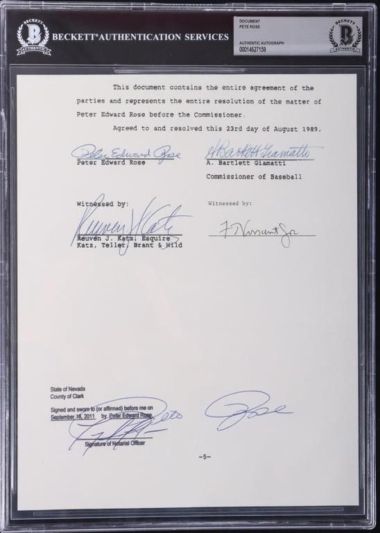 Lot 212389: PETE ROSE SIGNED BANNED FROM MLB DOCUMENT BECKETT