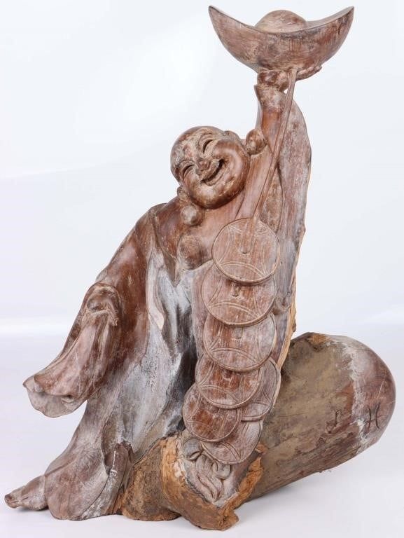 Lot 212403: HAND-CARVED WOOD LAUGHING BUDDHA STATUE