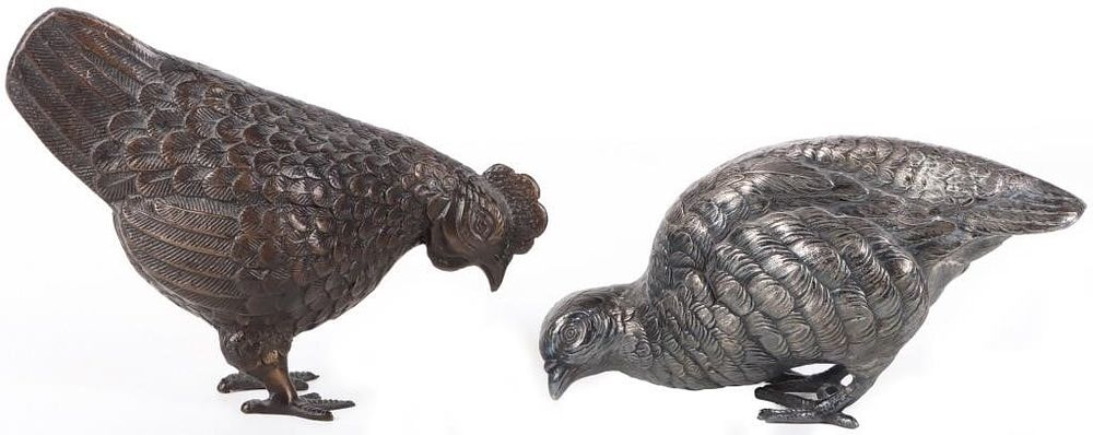 Lot 212407: VINTAGE BRONZE ROOSTER & SILVER PLATED PARTRIDGE