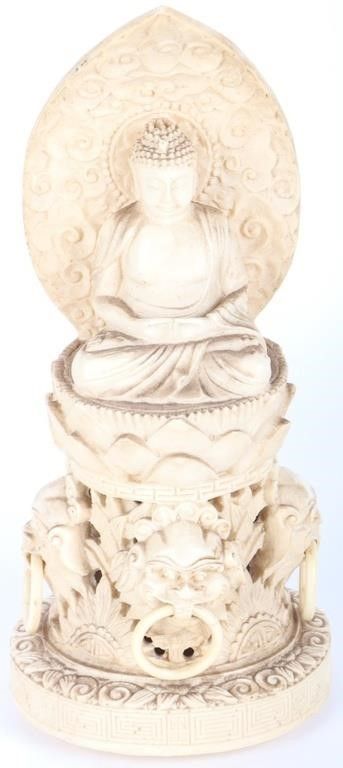 Lot 212411: VINTAGE CARVED BUDDHA STATUE ATOP FOO DOG STATUE.