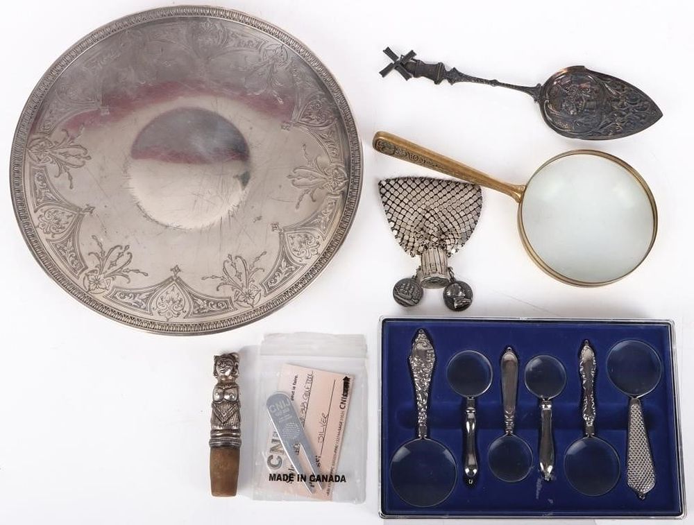 Lot 212422: SILVER COLLECTION W/ MAG GLASS', PLATE, MORE