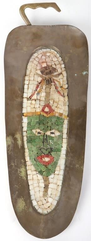 Lot 212423: ANTIQUE HANDMADE STONE TILE MOSAIC BRASS LEAF TRAY